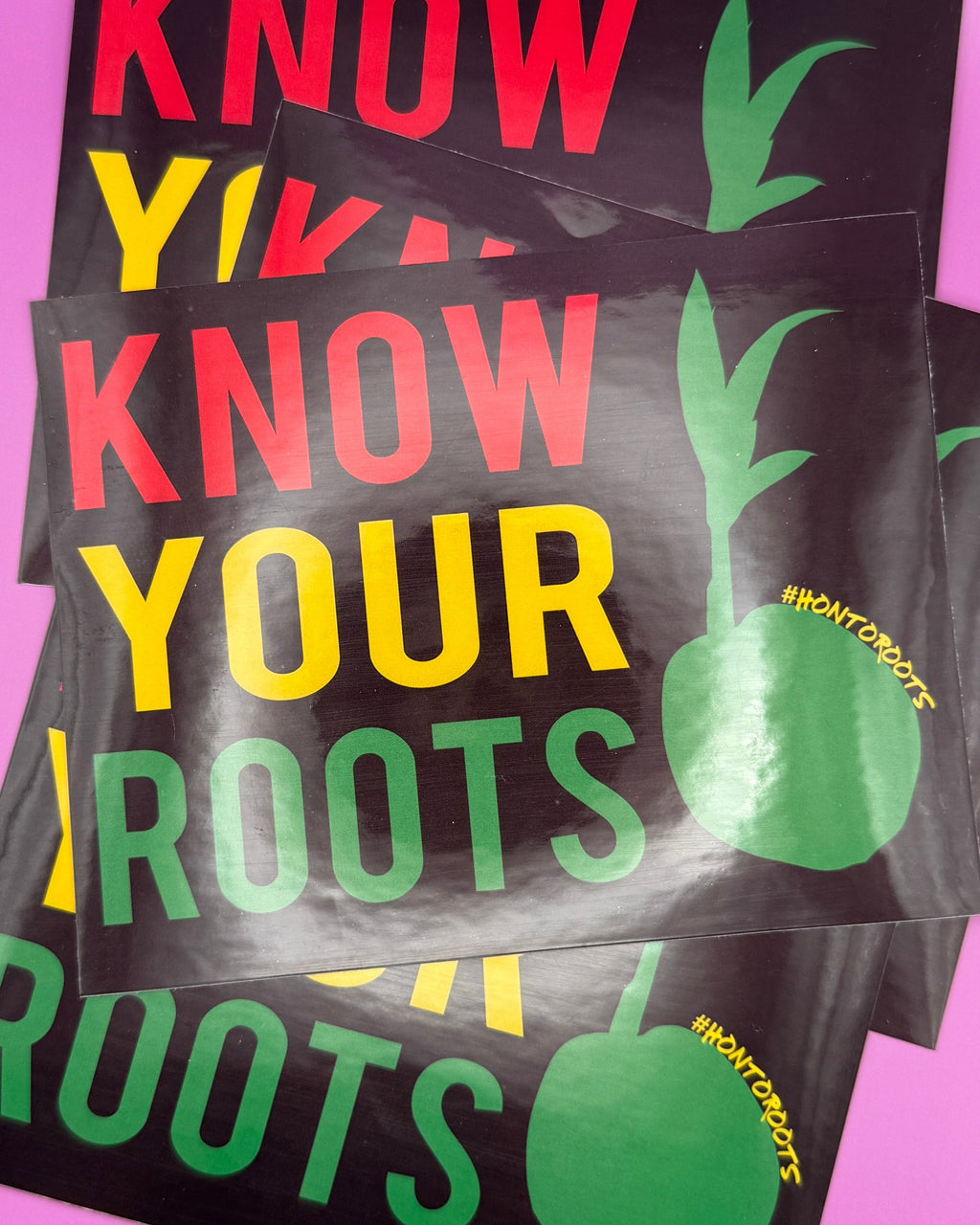 Three overlapping black stickers featuring a green coconut sprout graphic and bold multicolor text reading 'KNOW YOUR ROOTS' in red, yellow, and green, arranged on a bright pink background.