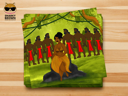 A stack of stickers featuring an illustration of a woman in a grass skirt and woven fiber top sitting on a rock, surrounded by men in red loincloths under green trees, displayed on a light wood surface. The Snarky Brown Studio logo is visible in the top-left corner.